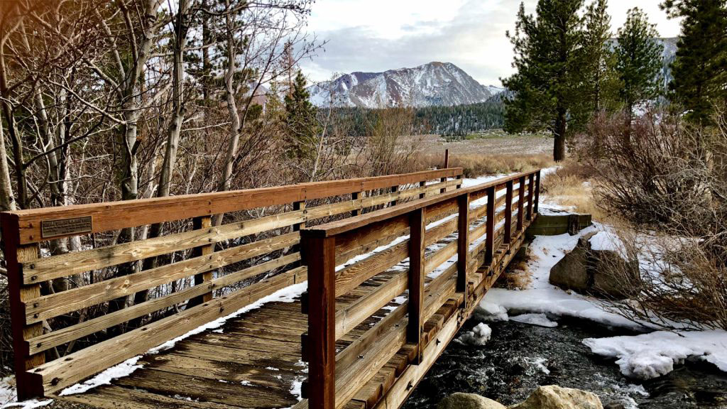 Foot bridge over creek mountain in background