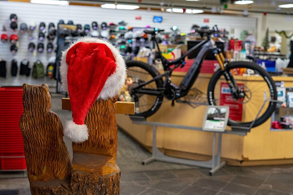 Carved wooden bear with santa hat looks at new mountain bike in sports shop