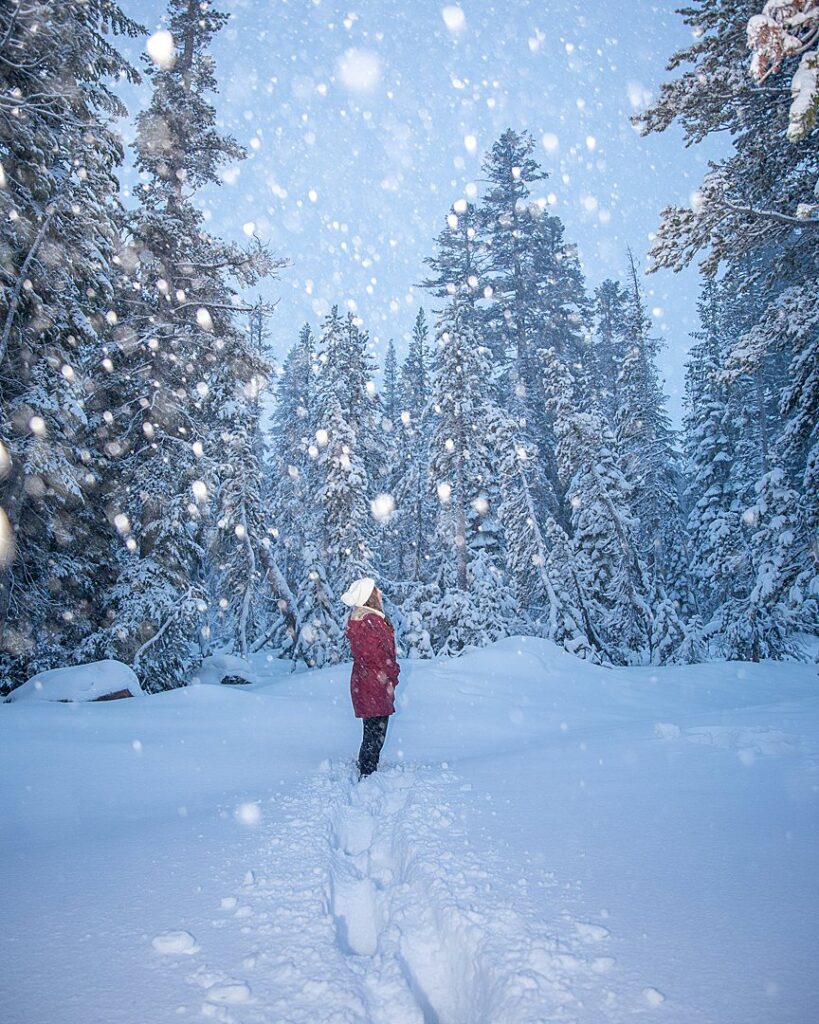 young person in red jacket looks up to the sky during a snow storm